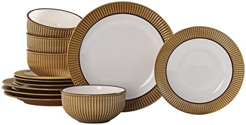 BICO HELIOS צהוב סטונר 12 חתיכות סט כלי אוכל, כולל צלחות ארוחת ערב, צלחות סלט וקערות דגנים, מיקרוגל