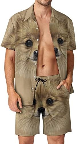 פוסטר כלב פומרי יצירות אמנות חליפות חוף הוואי הגברים שרוול קצר מודפס כפתור מטה מכנסיים קצרים