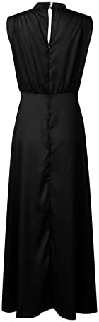 שמלת שרוול קצרה של Uqrzau שמלת סאטן סאטן מדומה צוואר ללא שרוולים חריץ שמלות טנק מקסי זורמות