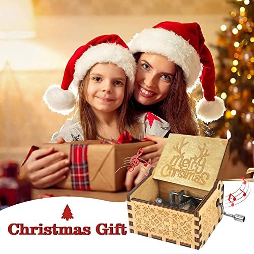 קופסאות מוזיקה לחג המולד, עץ מיני קופסת מוסיקה ארכובה יד חרוטה לחג המולד גנום, עתיק וינטג