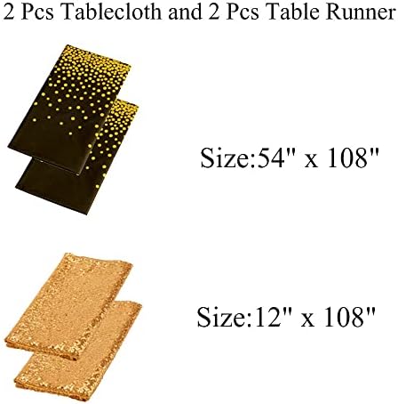 2 חבילות מלבן שחור מלבן שולחן ו -2 חבילות סט רץ שולחן נצנצים זהב, מטליות שולחן שחור וזהב מכסה שולחן