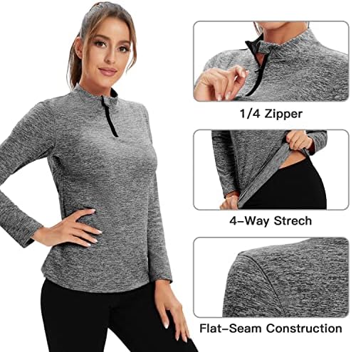 WOWENY נשים שרוול ארוך ריצה חולצה UPF50+ סוודר רוכסן רבע