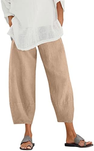 מכנסי הליכה של קפרי נשים מכנסיים כותנה כותנה יבול יבול רופף צבע טהור ומכנסיים הרם פשתן אלסטי בכיס