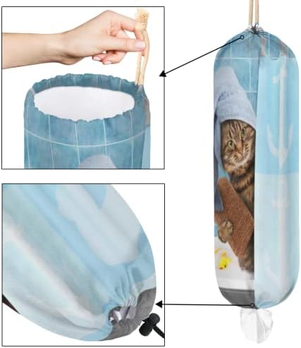 מחזיק שקית פלסטיק לחתול אמבטיה מצחיק, מארגן שקית פלסטיק חתול חמוד עם שרוך מתקן אחסון שקיות קניות מכולת לעיצוב בית