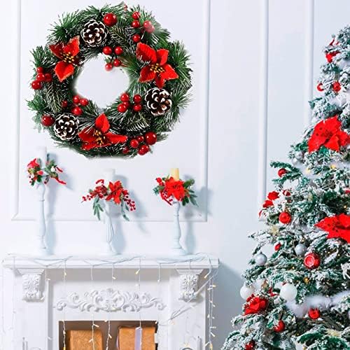 זר חג מולד מלאכותי, פרחים אדומים חג המולד קישוטי זר זר עם קשת אדומה לקישוט הבית החיצוני והפנימי