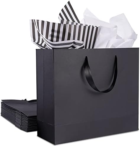 12 מארז שקיות מתנה שחורות עם ידיות סרט, שקיות מתנה בגודל בינוני עם נייר טישו, שקיות נייר שחורות לקניות,