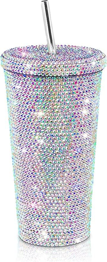 משובץ בלינג יהלומי כוס גליטר מים בקבוק עם מכסה נירוסטה ואקום תרמית קש כוס ריינסטון כוס עם 1 מחשב קש 2 יחידות