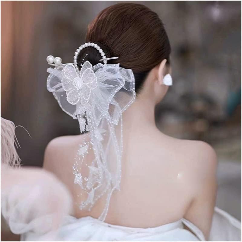 פרל לבן חוט קרפ נשים כיסוי ראש צעד אחורה לנער קוריאני סופר חתונת שיער אבזרים