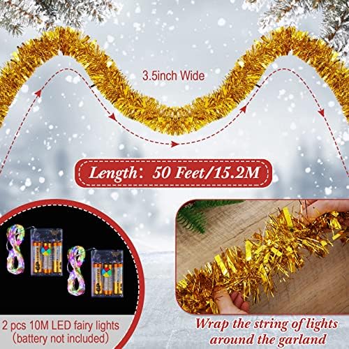 50 רגל חג המולד טינסל גרלנד עם 65.7 רגל אורות מיתרים פיות תלויים זר מטאלי מתכתית טוויסט טוויסט גרלנד עם אורות