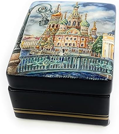 קופסת תכשיטים דקורטיבית בלעדית לכה רוסית מיניאטורה סנט פטרסבורג . עשוי מפיקי-מאצ'ה פדוסקינו. עיצוב בית. תוצרת