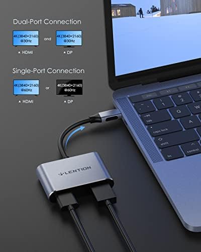 LINCENS USB C ל- HDMI & DisplayPort Audapter 4K@60Hz, מפצל HDMI למסכים כפולים תצוגה מורחבת, תמיכה עד