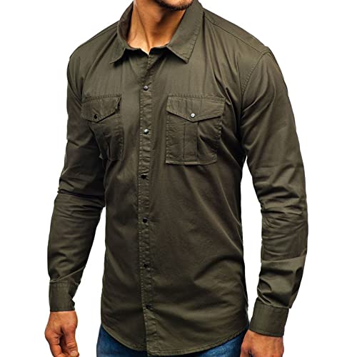 חולצות טיול של שרוול ארוך לגברים כפתור טקטי קל משקל מטה חולצת מטען רגילה חולצה רזה עם כיסים