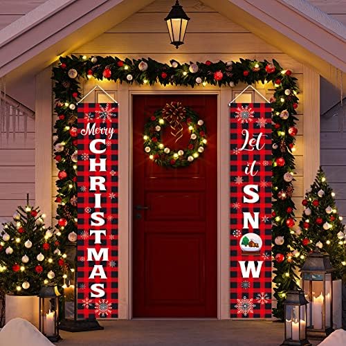 קישוטים לחג המולד של KMUYSL - קישוט חג המולד לתלייה לבית - חג שמח תן לזה שלג אדום שחור באנרים באפלו למסיבת דלת