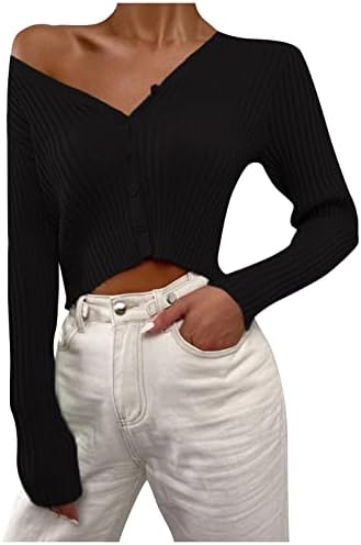 חורף מודרני מודרני חותך נמוך סוודר סוודר נשים כפתור שרוול ארוך כפתור V סוודר צוואר רזה סרוג נוח סרוג נשים שחור