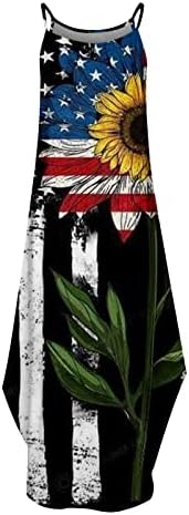 שמלות מקסי של Hcjkdu לנשים ללא שרוולים דגל אמריקאי הדפס שמלת השמש ארוכה