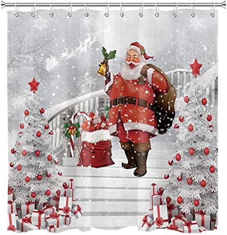וילון מקלחת לחג המולד של Hvest לעיצוב אמבטיה, מתנות סנטה קלאוס ועץ חג המולד על מדרגות וילונות מקלחת עם ווים