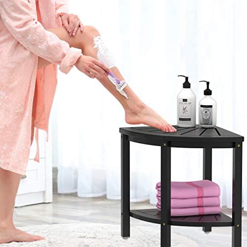 ספסל שרפרף מקלחת פינתי במבוק עמיד למים-עם מדף אחסון לגילוח רגליים או מושב בחדר האמבטיה ובתוך מקלחת