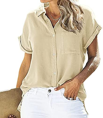 חולצה נשים שרוול קצר 2023 כותנה פשתן עמוק V כפתור צוואר גבוה כלפי מעלה טי עליון רגיל לילדות נוער H0