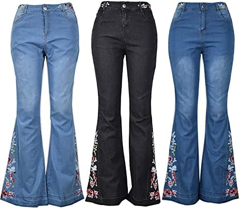 ג'ינס תחתון רקום של נשים ג'ינס נמתח קת הרמת וינטג 'מכנסי ג'ינס רחבים מכנסיים