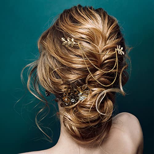 זהב שיער שרשרת קליפים 4 יחידות, זית סניף ציצית עלה פין שיער קליפים עבור נשים בנות, ראש שרשרת