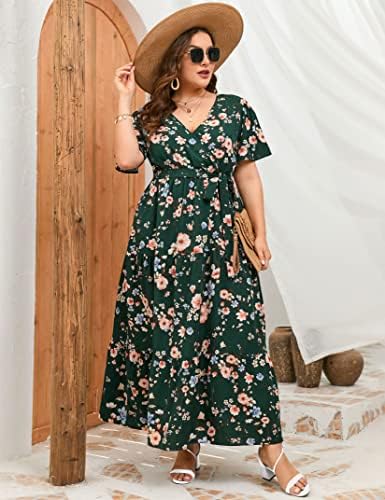 ShopWonder נשים פלוס גודל V גלישת צוואר שמלת מקסי שמלת מותניים גבוהה פרוע שמלת קיץ מזדמנים עם חגורה