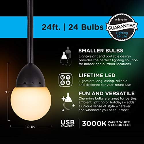 Enbrighten אורות מיתר קפה המופעלים על ידי USB, 24ft, 24, LED, החלפת צבע, פנים או חיצוניות, קמפינג,