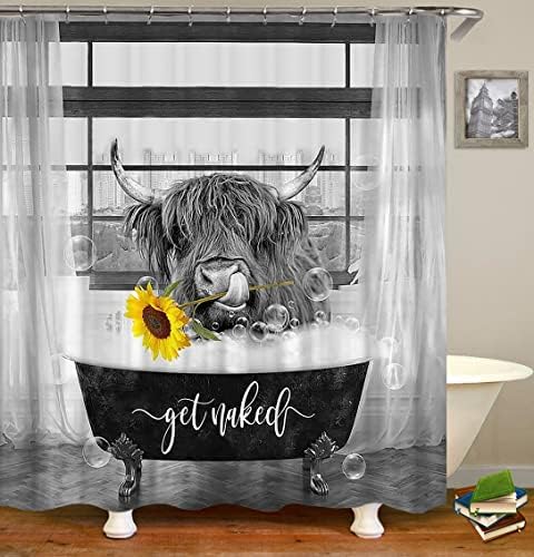 OLOLEBETY 4 PCS מצחיק סט וילון מקלחת פרה היילנד, חמניות צהובה קבלו אמבטיה עירומה בקר שור חיה שחור ולבן עיצוב אמבטיה