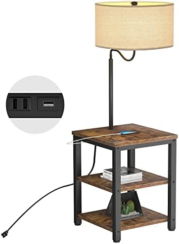 מנורת רצפת LED של Antlux עם שולחן קצה - נמל טעינה USB, שקע חשמל, שולחן ליד המיטה עם מדפים, מעמד לילה כפרי