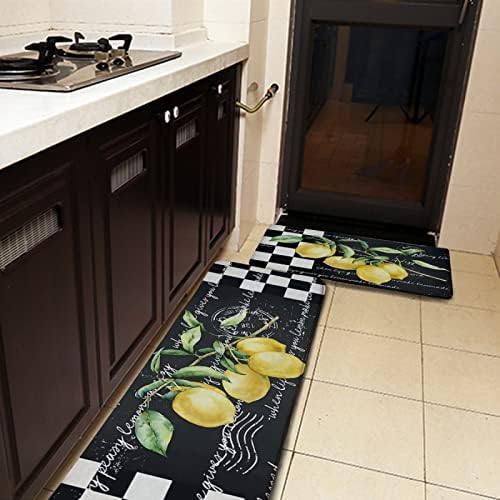 מחצלת מטבח לימון רוקקסמילי של 2 שטיחי מטבח משובצים שחור -לבן סטים 17''X48 ''+17''X24 '' מחצלות