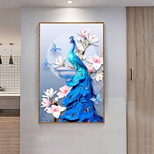 ZGMAXCL 5D ערכת ציור יהלום DIY למבוגרים וילדים עגולים מקדחה מלאה טווס ופרחים בגודל גדול תמונות עיצוב קיר בסלון