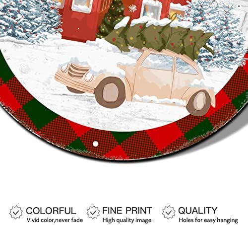 שלט זר חג שמח סנטה קלאוס חג המולד משאית חורף סצנת חורף ציור עגול מתכת שלט פח דלת חג המולד תפאורה של שלט