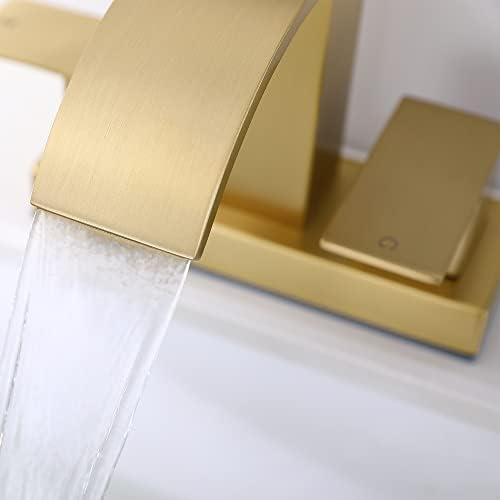 JXMMP מוברש מרכזי זהב ברז אמבטיה 2 חורים, מפל נירוסטה 4 אינץ '2 ברזי אמבטיה ידיים עם צינור ניקוז