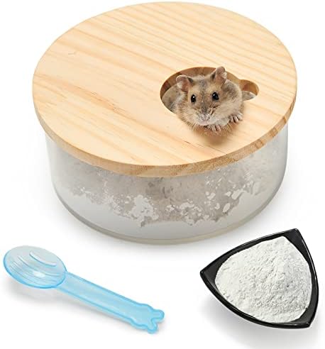 סט אמבט חול של 3 PCS, חדר מקלחת אמבטיה של חיה אקרילית של חיה קטנה עם כיסוי עץ טבעי, עם חול אמבטיה וסקופ