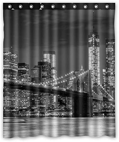 FMSHPON NYC Brooklyn Bridge ניו יורק נוף מנחטן קו רקיע לילה אטום מים אטום מים וילון מקלחת גודל 60x72 אינץ