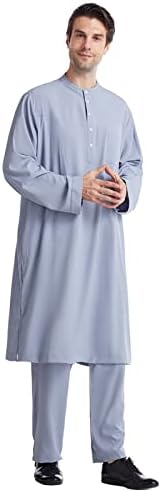 חליפות בכושר רזה לגברים גברים מזדמנים כפתור אמצעי למטה כיס מכנסיים חלוק מוסלמי שתי חתיכה להגדיר