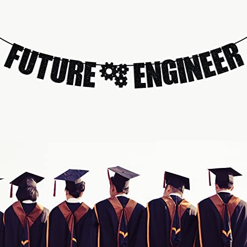 באנר מהנדס עתידי של נצנצים שחור, שלט בונטינג מברך, 2023 ציוד לקישוט מסיבת סיום תואר.