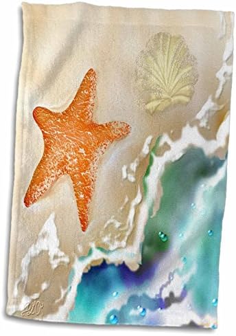 כוכבי ים ורדים תלת מימדיים וסיינגל בחול ליד מגבת היד האומנות הדיגיטלית של האוקיאנוס, 15 x 22