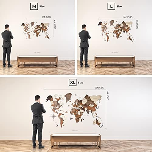 מפת עולם עץ תלת מימדית-עיצוב קיר תלת מימדי עם מפת עץ של העולם-התקנה קלה עם קלטת צדדית כפולה-כוללת תוספות-דיקט
