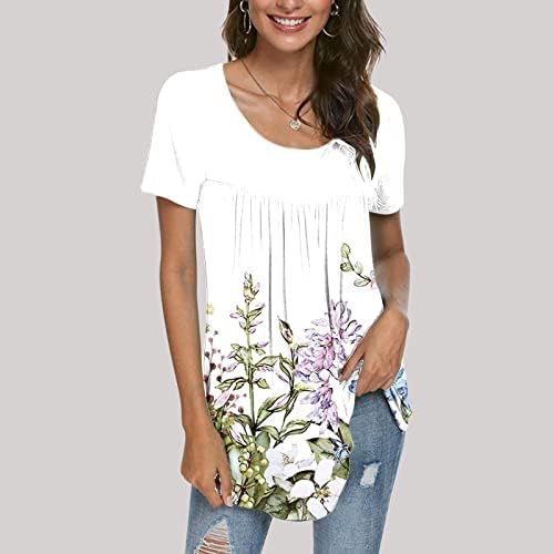 אופנה נשים הדפסת פרחים טוניקה עליונה קיץ פרחוני מודפס קפלים צוואר עגול עגול חולצות שרוול קצר חולצה