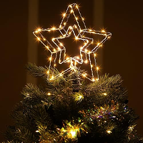 עץ כוכב חג המולד טופר קישוט אור אור, מסגרת ברזל כפולה גדולה כוכב תאורה עץ חג המולד עם 8 מצבי תאורה