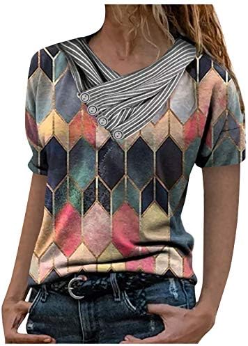 נשים של קיץ קצר שרוול חולצה בתוספת גודל טיז חולצות בלוק צבע טלאים חולצות צווארון כפתור פרע חולצות