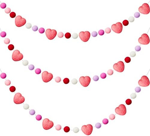 3 חתיכות יום האהבה הרגיש זרי כדור צבעוני וזרי לב באורך 6.5 מטרים באורך עם 15 כדורי פום פום ו -5 לבבות לקיר משרד