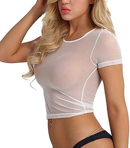 בתוספת גודל באני תלבושות סקסי שרוול מקרית חולצות לראות דרך נשים של רשת יבול חולצה שקופה קצר למעלה