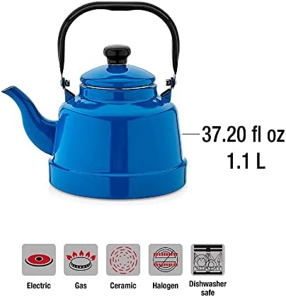 דסטלייה כחולה קומקום עם מסננת, קומקום תה אמייל לחלק העליון של הכיריים, 37.20 גרם 1.1 ליטר תה, סיר תה, דוד מים,