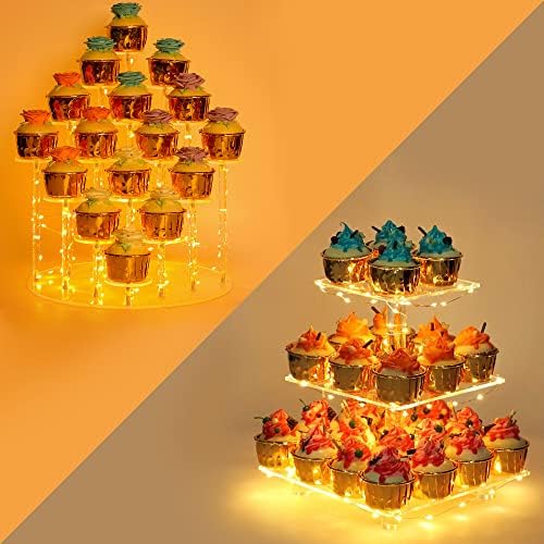 דוכן קאפקייקס-מחזיק פופ עוגת פרימיום - תצוגת קינוח עוגות מייצגת 16 קאפקייקס + מחרוזת אור לד