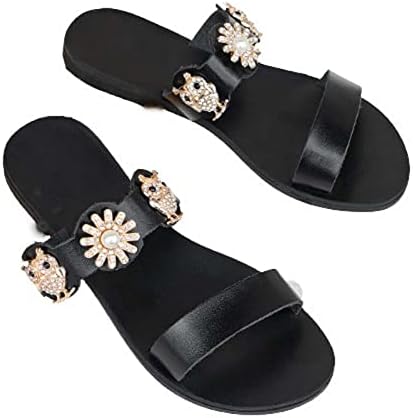 נעלי בית ריינסטון לנשים רצועה כפולה רצועה כפכפים שטוחים נעלי קיץ מגלשות חוף נעל נעל