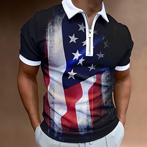 4 ביולי חולצות לגברים, רוכסן לגברים דגל אמריקאי הדפסת חולצת פולו שרוול קצר מזדמן חולצת טריקו אתלטית