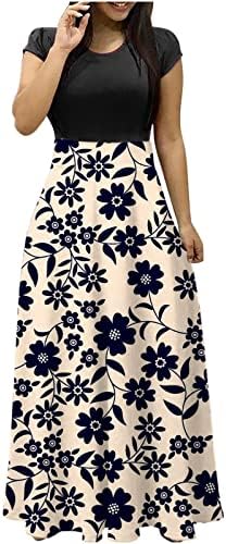 נשים מקרית קיץ שמלות פרחוני הדפסה קצר שרוול מקסי שמלות מותן רופף טוניקת שמלה זורם נדנדה ארוך שמלה