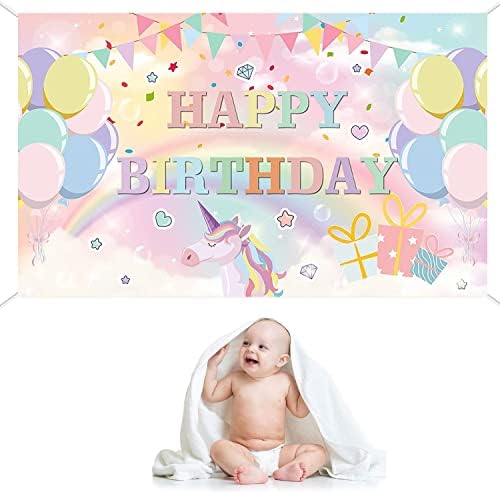 פסטל חד קרן מסיבת יום הולדת רקע פסטל מקרון שמח יום הולדת באנר קשת חד קרן נושא פסטל תינוק מקלחת יום