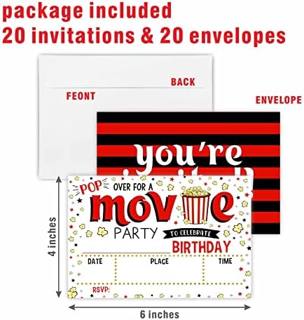 הזמנה למסיבת יום הולדת לכרטיס סרטים, כרטיסי מסיבת קולנוע （20 ספירת) עם מעטפות, מילוי סגנון הזמנה כרטיסים
